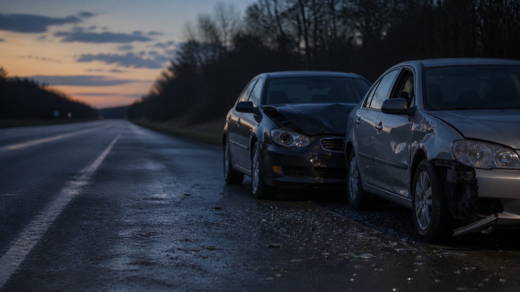 Two cars stopped on the shoulder after a crash